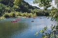 As school trip a class with French students kayaking on the riv